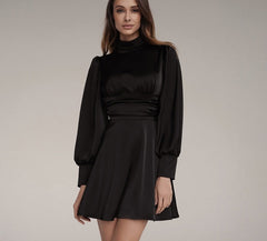 Fashion Stand Collar Satin Women Dresses Autumn Elegant Long Sleeve Backless Mini Dress Casual Sliim Pleated  Dress Robe