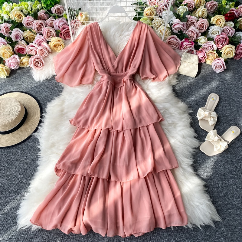 Hoobd New Summer Women Dress Ruffled Short-sleeved Chiffon Dress V-neck Sexy Beach Long Dress Backless Cake Dresses Vestidos