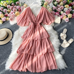 Hoobd New Summer Women Dress Ruffled Short-sleeved Chiffon Dress V-neck Sexy Beach Long Dress Backless Cake Dresses Vestidos