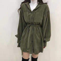 Women Vintage Front Pockets Sashes A-line Dress Lantern Sleeve Turn Down Collar Solid Party Dress Winter Casual New Dress