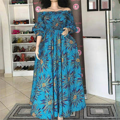 African National Print Party Dress Women Casual Sexy Slash-neck Lady Maxi Dress New Vintage Long-sleeved Loose Elegant Dress