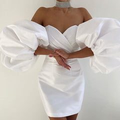 Hoobd Puff Sleeves Trendy Pink Mini Dress Sexy Off Shoulder  Design Celebrity Party Club Satin Dresses Vestido
