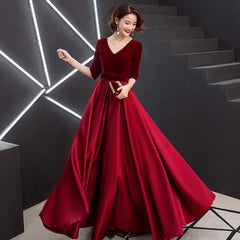 V-neck Bow Waist A-line Satin Evening Dress