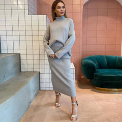 New Women&#39;s Knitted Set Fashion High Neck Long Sleeve Pullover &amp; High Waist Tight Skirt 2-piece casual suit