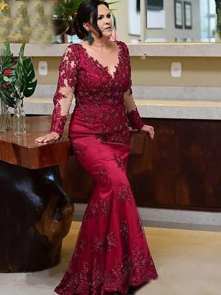 2023 New Arrival Red Lace Mother of the Bride Dresses Long Sleeves Illusion Jewel Neck Mermaid Wedding Party Gowns Appliqued