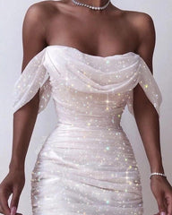 Shouder Women Dress Glitter Sequin Summer White Dresses Elegant Lady Draped Swing Collar Dresses Evening Party Dress