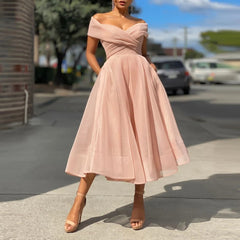 Lady Sexy Off Shoulder Solid Mesh Long Dress Elegant Chic Wrap V Neck Ruffle Dress New Fashion Women A-Line Wedding Party Dress