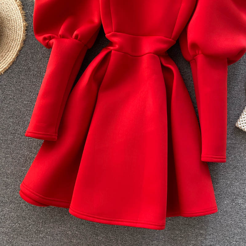 Autumn Winter Puff Long Sleeve Dresses For Women Party Christmas Turtleneck Slim A-Line Elegant New Year Woman Red Dress