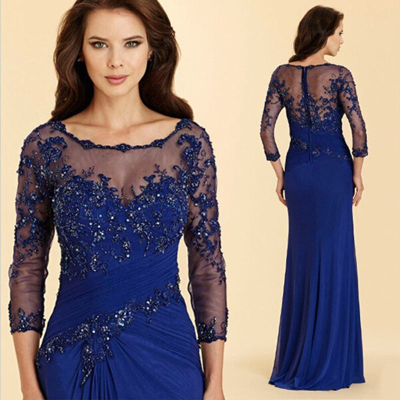 Hoobd Latest Royal Blue Lace Mother of the Bride Dresses Jewel Neck With 3/4 Sleeves Wedding Party Gowns Applique Beaded