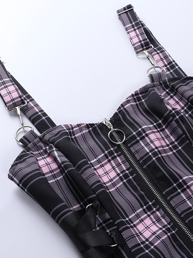 Hoobd Gothic Plaid Bandage Black Blue Dress Women Vintage Sleeveless Zipper Sexy Mini Dress Punk Aesthetic Summer A Line Dress