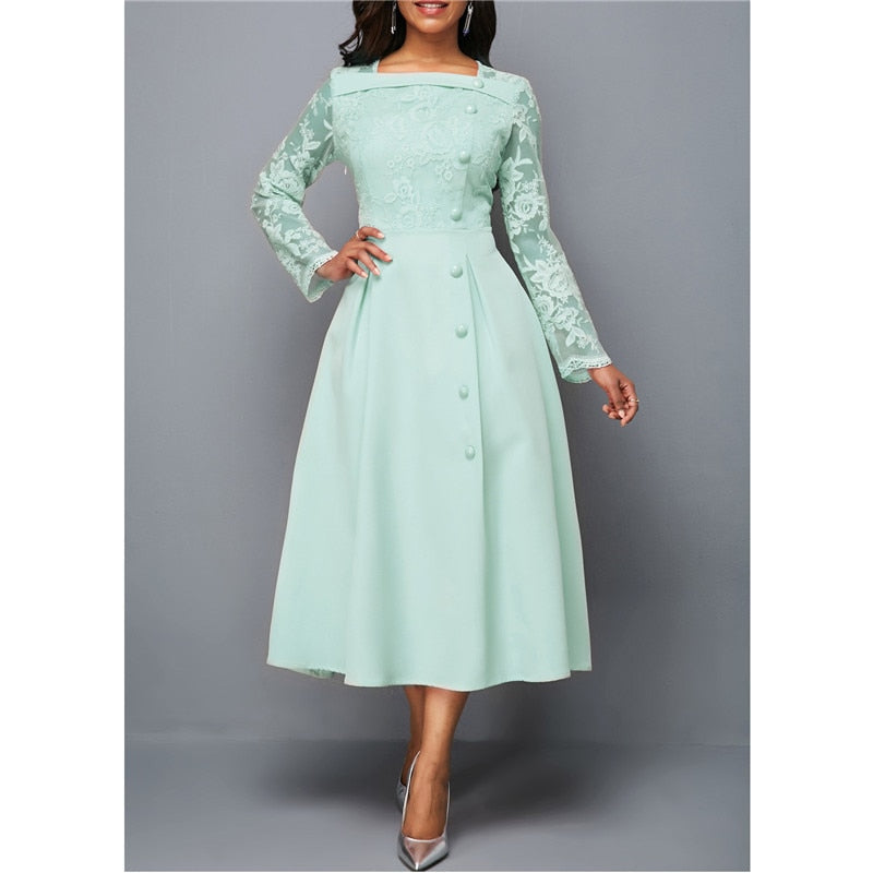 Women's Dress Elegant Long Sleeve Lace Stitching High Waist big hem mid-length Oversized Dresses For Women