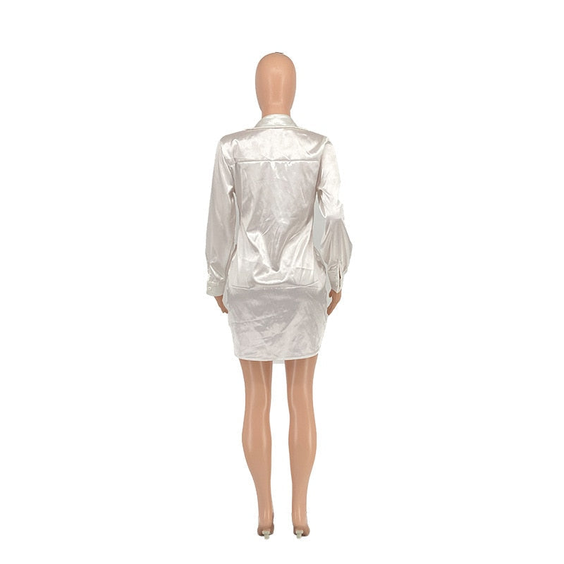 Hoobd Sexy Lace Up Satin Shirt Dress Women Long Sleeve Club Party Wear V Neck Turn Down Collar Mini Dresses Solid Bodycon Dress 2023