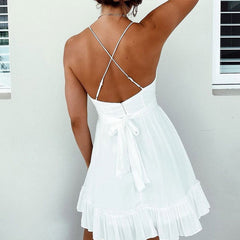 Summer Women Sexy Solid Sleeveless Low Cut White Mini Dress