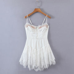 Romantic Women Lace Patchwork Sexy Sling Dress Ladies Satin Chiffon Super-Short Dress Summer Beach Vestido