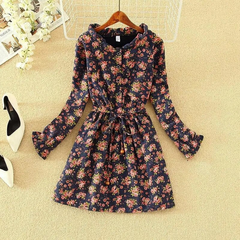 New Autumn Winter Women Dress Long Sleeve Sweet Shirt Dress Cotton Linen Velvet Thick Casual Vintage Dresses Vestidos