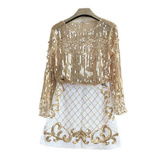Birthday Party Korean New Women's Fashion Heavy Craft Nail Bead Long Sleeve Sequin Shirt With Buttocks And Skirt 2pcs Set