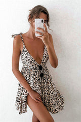 Hoobd Bohemian Style Women Summer A-Line Dress Bandage Design Sling Sleeveless V-Neck Backless Leopard Flower Print Slim Mini Dress