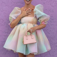 Hoobd Women Puff Sleeve Tulle Tutu Princess Dress Square Collar Mesh Ruffle Bubble Skirt Wedding Evening Party Prom Mini Fairy Dress