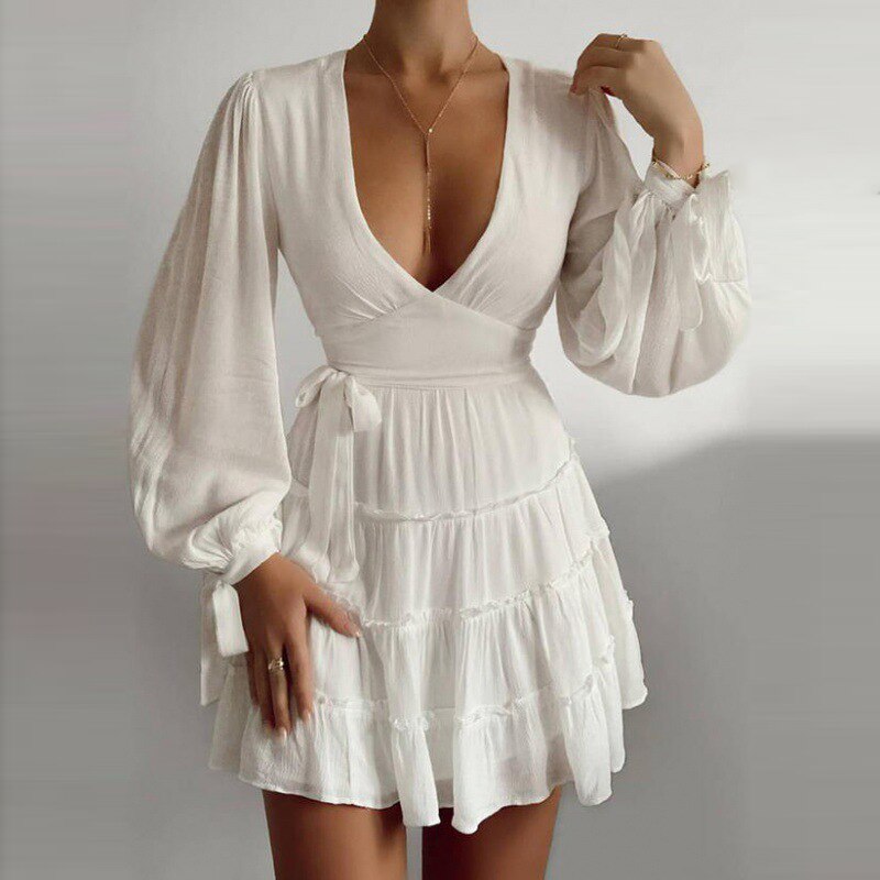 Deep V-Neck Ruffle A-Line Mini Dress Autumn Lantern Sleeve Bow High Waist Mini Party Dresses For Women