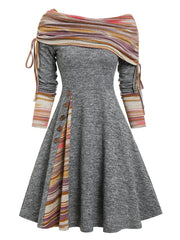 Hoobd Convertible Cinched Striped Flare Dress Foldover Off The Shoulder Knitted Dresses Women 2023 Long Sleeve Jurken