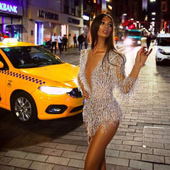 Fringed Sequined Long Sleeve Mini Evening Dress