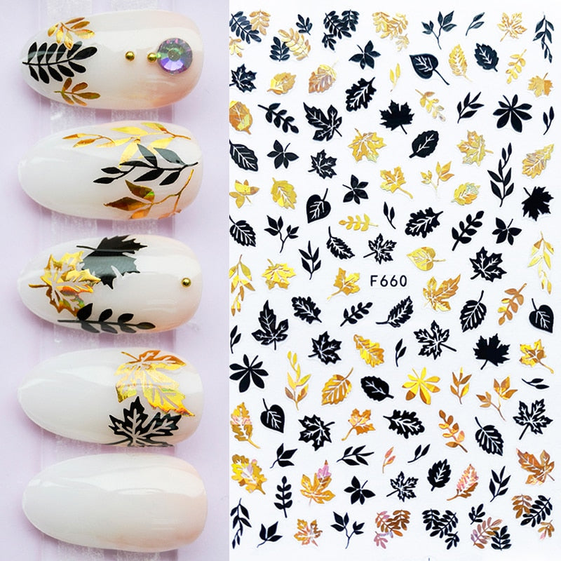 Hoobd1pcs Gold iridescent Maple Leaf 3D Nail Sticker Fall Autumn Pattern Adhesive Transfer Stickers Shiny DIY Nail Art Decoration