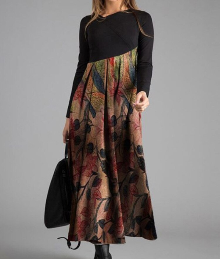 Hoobd Elegant Women Long Dress V-Neck A-Line Dress Spring Autumn Vintage Cotton Long Sleeves Party Dresses Lady Casual Loose Vestidos