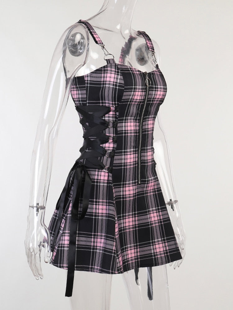 Hoobd Gothic Plaid Bandage Black Blue Dress Women Vintage Sleeveless Zipper Sexy Mini Dress Punk Aesthetic Summer A Line Dress