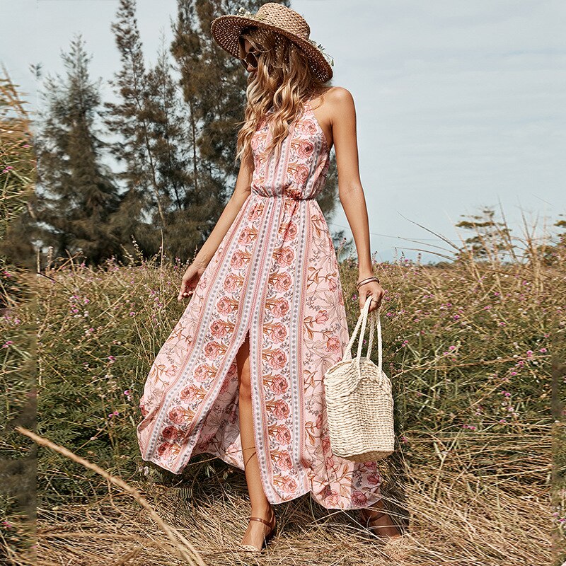 Hoobd Summer Retro Rayon Sling Dress Summer Waist Sleeveless Sexy Mid-length Pink Print Pullover Dresses