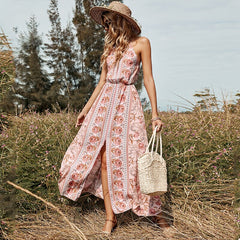 Hoobd Summer Retro Rayon Sling Dress Summer Waist Sleeveless Sexy Mid-length Pink Print Pullover Dresses