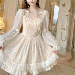 Hoobd Lolita Kawaii Dress Women Casual Long Sleeve Vintage Y2k Mini Dress Female Japanese Style One Piece Dress Korean Autumn