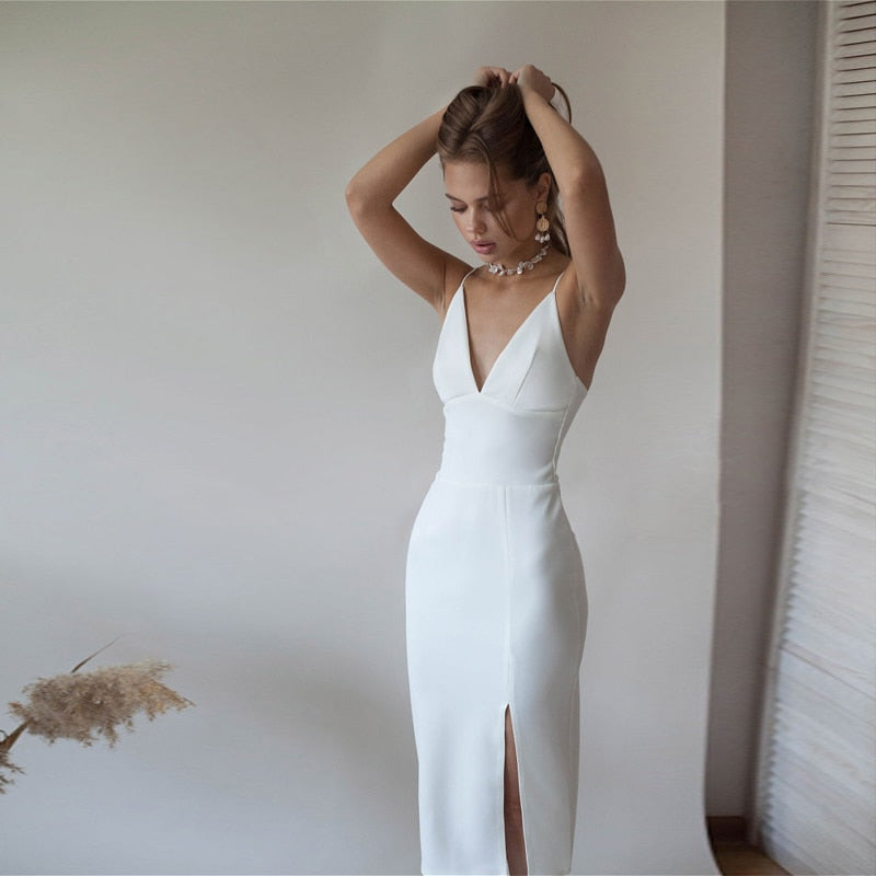 Sexy Backless White Party Dress For Women Spaghetti Strap High Split Slim Sheath 2023 New Spring