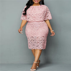 5XL 6XL Women Summer Autumn  Dress Elegant  Pink Lace Dress Female  Evening Party Dresses Vestido Oversized
