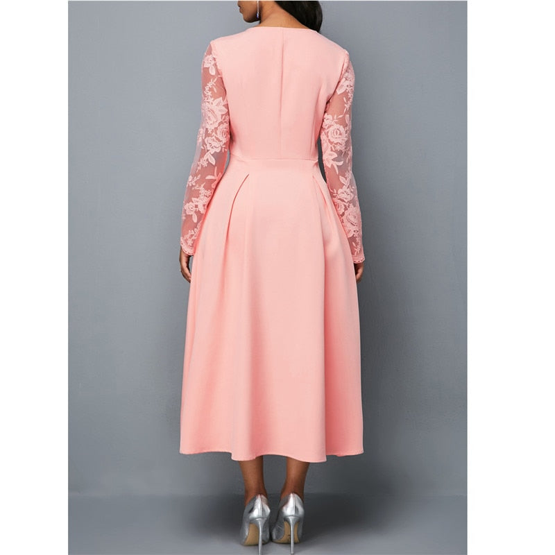 Hoobd Women&#39;s Dress Elegant Long Sleeve Lace Stitching High Waist big hem mid-length Oversized Dresses For Women