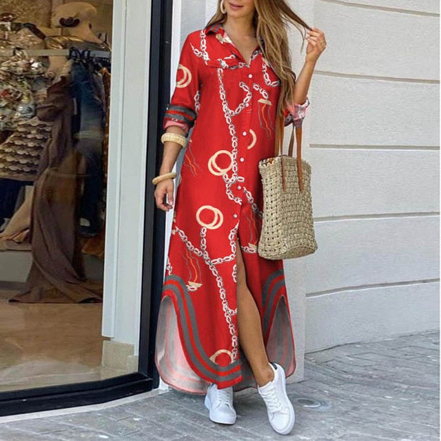 Hoobd Fashion Women Long Sleeve Shirt Dress Autumn  Printed OL Long Dresses Laides Turn-down Collar Loose Sundress Party Dresses