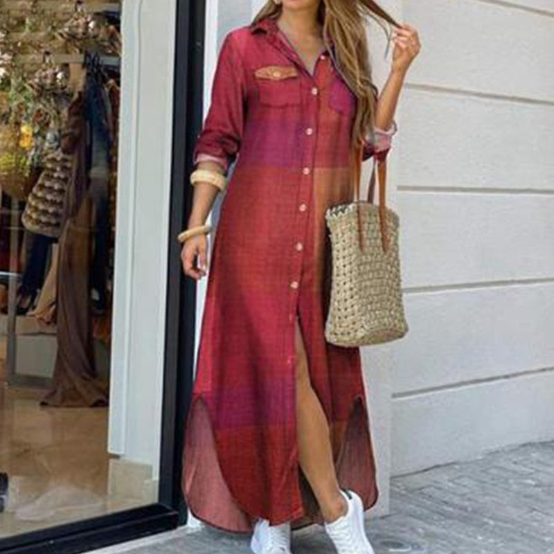 Hoobd Fashion Women Long Sleeve Shirt Dress Autumn  Printed OL Long Dresses Laides Turn-down Collar Loose Sundress Party Dresses