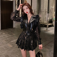 Fashion Korean 2 Piece Outfit Women Y2K Chic Casual Sexy Zipper Vest Tank Coat Sparkly Gold Print Mini Dress Slim Party Club Set