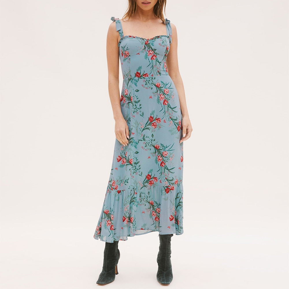 Dresses For Women 2023 Elegant Vintage Floral Dress Frill Sweetheart Neck Sleeveless Strap Tie Ruffle Hem Summer Beach Dress