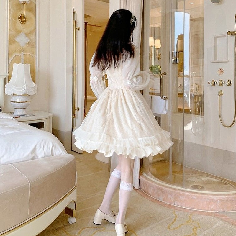 Hoobd Lolita Kawaii Dress Women Casual Long Sleeve Vintage Y2k Mini Dress Female Japanese Style One Piece Dress Korean Autumn