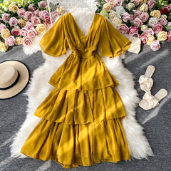 Hoobd New Summer Women Dress Ruffled Short-sleeved Chiffon Dress V-neck Sexy Beach Long Dress Backless Cake Dresses Vestidos