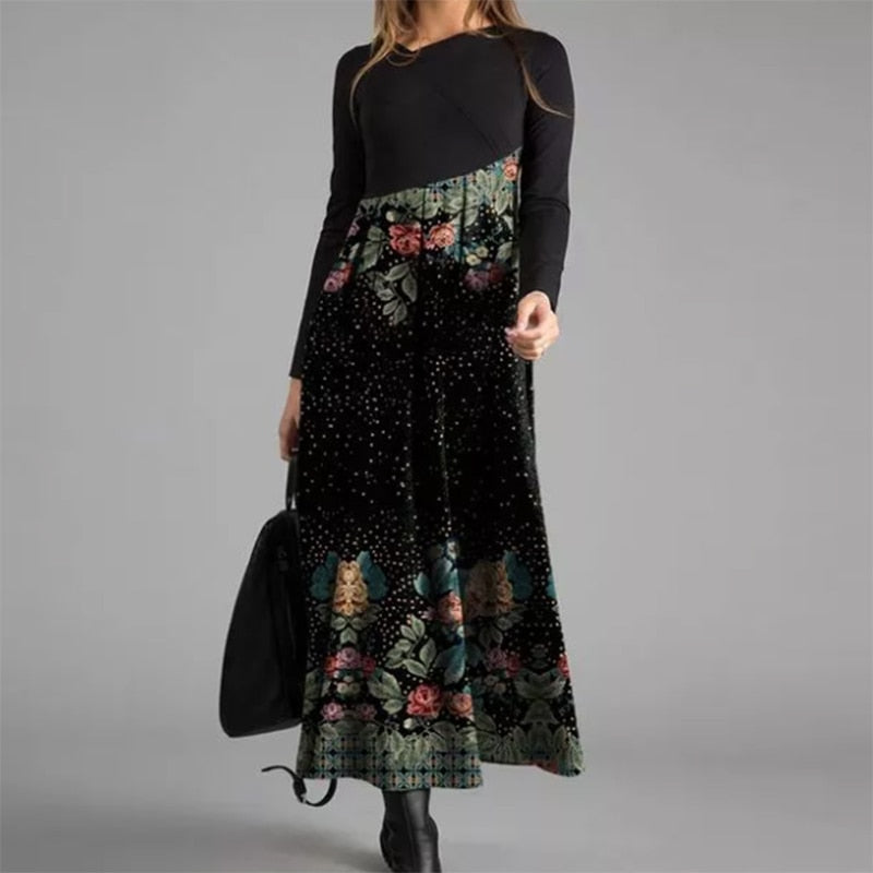 Hoobd Elegant Women Long Dress V-Neck A-Line Dress Spring Autumn Vintage Cotton Long Sleeves Party Dresses Lady Casual Loose Vestidos