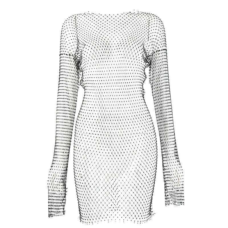 Diamond Sexy Bodycon Dress Women Hollow Out Long Sleeve Mini Dress Summer See Through Party Vestidos Mujer Verano