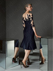 Hoobd Gorgeous Prussian Blue Knee Length Mother of the Bride Dresses Lace with Three Quarter Sleeves Applique Wedding Guest Gowns