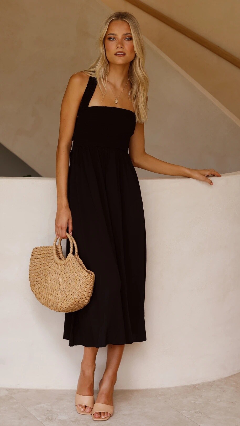 Hoobd Women Cross Bandage Midi Dress Summer New Sexy Backless Solid Color Bow Casual High Waist Black Stretchy Party Holiday Vestidos