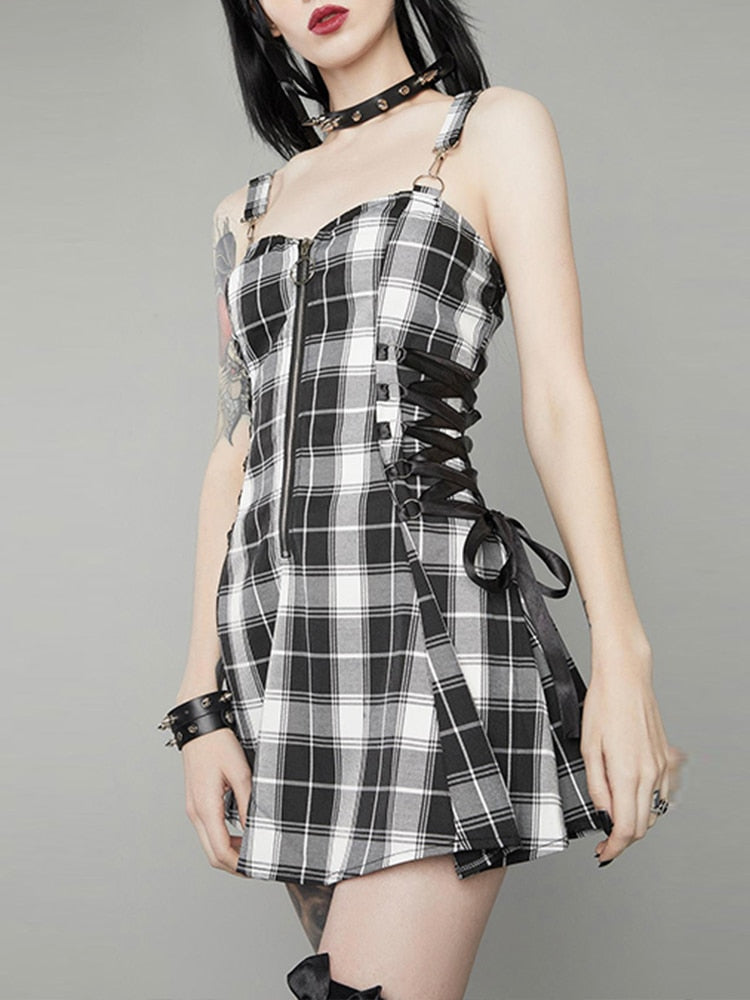 Hoobd Gothic Plaid Bandage Black Blue Dress Women Vintage Sleeveless Zipper Sexy Mini Dress Punk Aesthetic Summer A Line Dress
