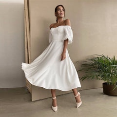 Churses Sexy Slash Neck Backless Midi Dress Autumn Elegant Puff Half Sleeve A-Line Long Party Dresses For Women 2021