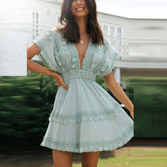 Lace Tie Up Beach Ladies Ruffle Mini Dress