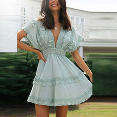 Lace Tie Up Beach Ladies Ruffle Mini Dress