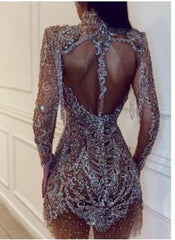 Fashion Sexy Sequined Long Sleeve Slim Evening Gown
