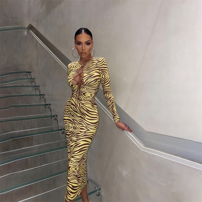 Autumn Street Print Dresses For Women 2023 Hollow Out Bandage Long Sleeve Maxi Dress Female Striped Bodycon Long Dress